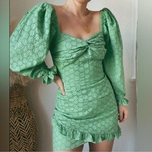 OLIVACEOUS Eyelet Green mini dress with puff sleeves